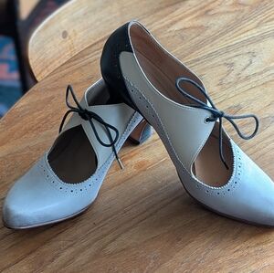 Two-Tone Lace-Up Block Heel Pumps — Cream and Black